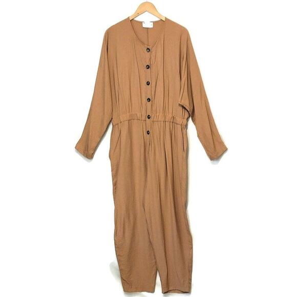 ASOS Tan Brown Relaxed Fit Jumpsuit 14 Scoop Neck Straight Leg Casual Chic - Picture 12 of 12